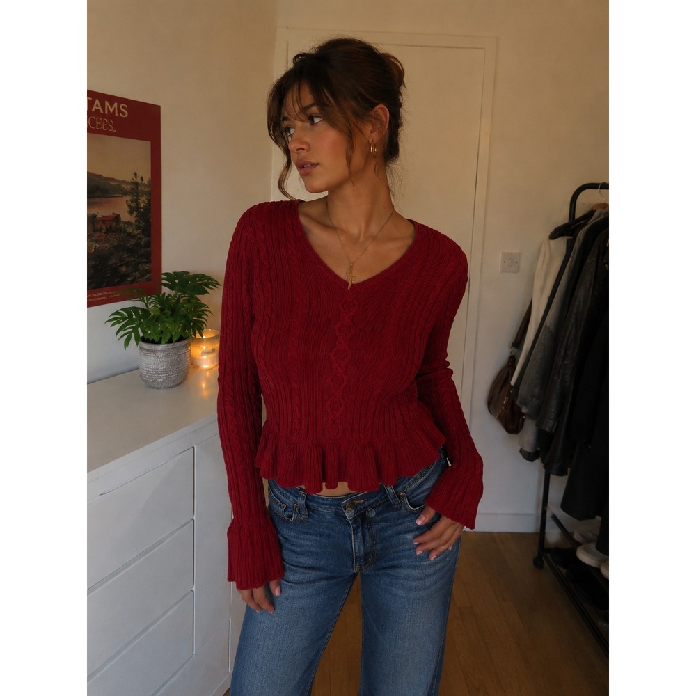 CHAPS Cable Knit Peplum Sweater Women XL Red V-Neck Cotton Coquette Preppy